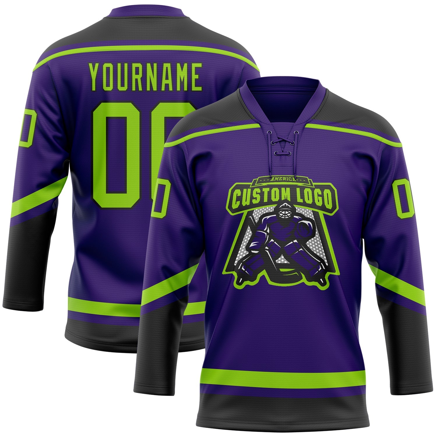 Custom Purple Neon Green-Black Hockey Lace Neck Jersey view 2