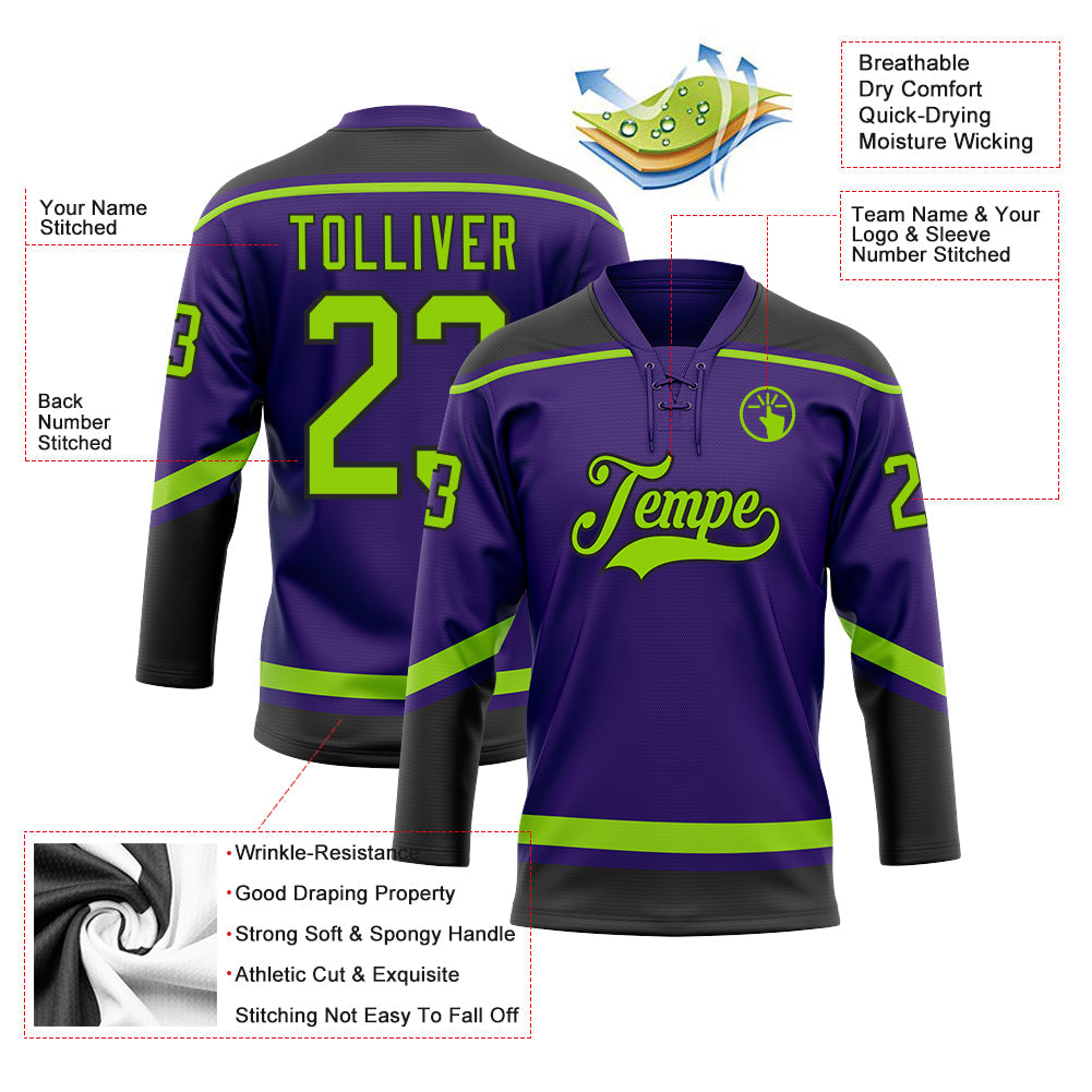 Custom Purple Neon Green-Black Hockey Lace Neck Jersey view 3