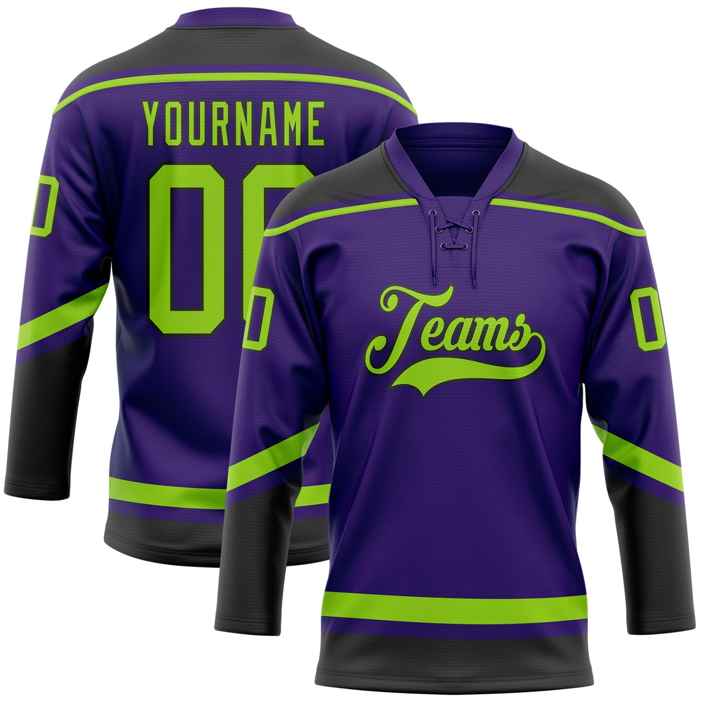 Custom Purple Neon Green-Black Hockey Lace Neck Jersey - Main View