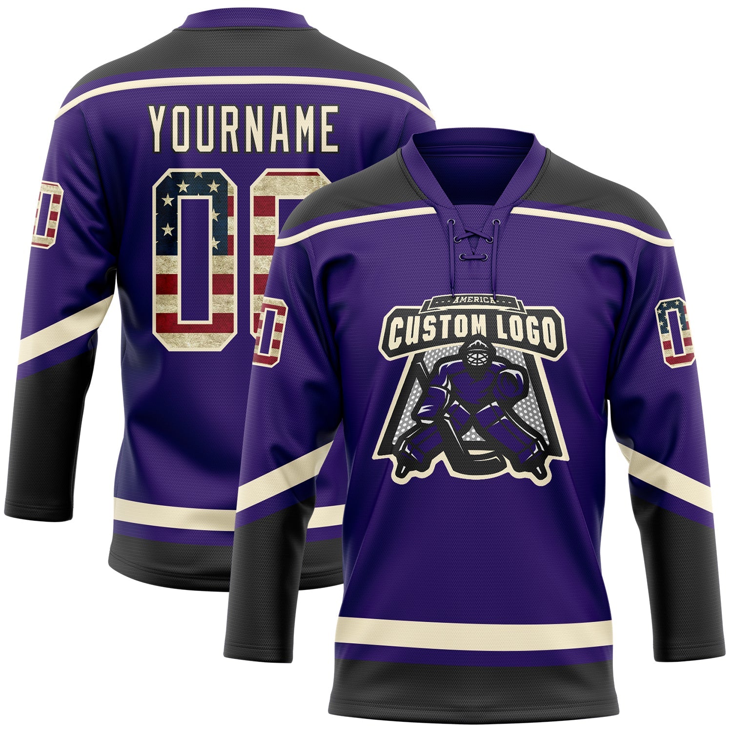 Custom Purple Vintage USA Flag Cream-Black Hockey Lace Neck Jersey view 2