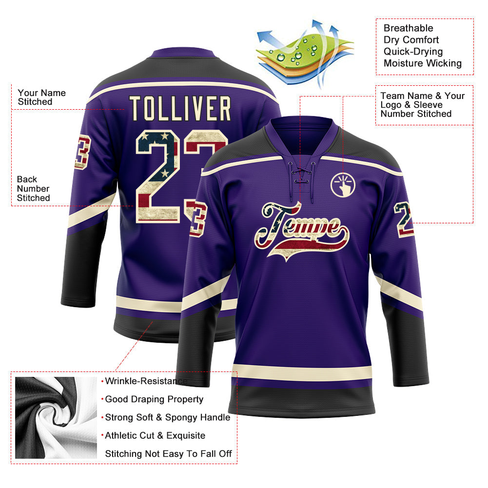 Custom Purple Vintage USA Flag Cream-Black Hockey Lace Neck Jersey view 3