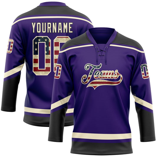 Custom Purple Vintage USA Flag Cream-Black Hockey Lace Neck Jersey - Main View