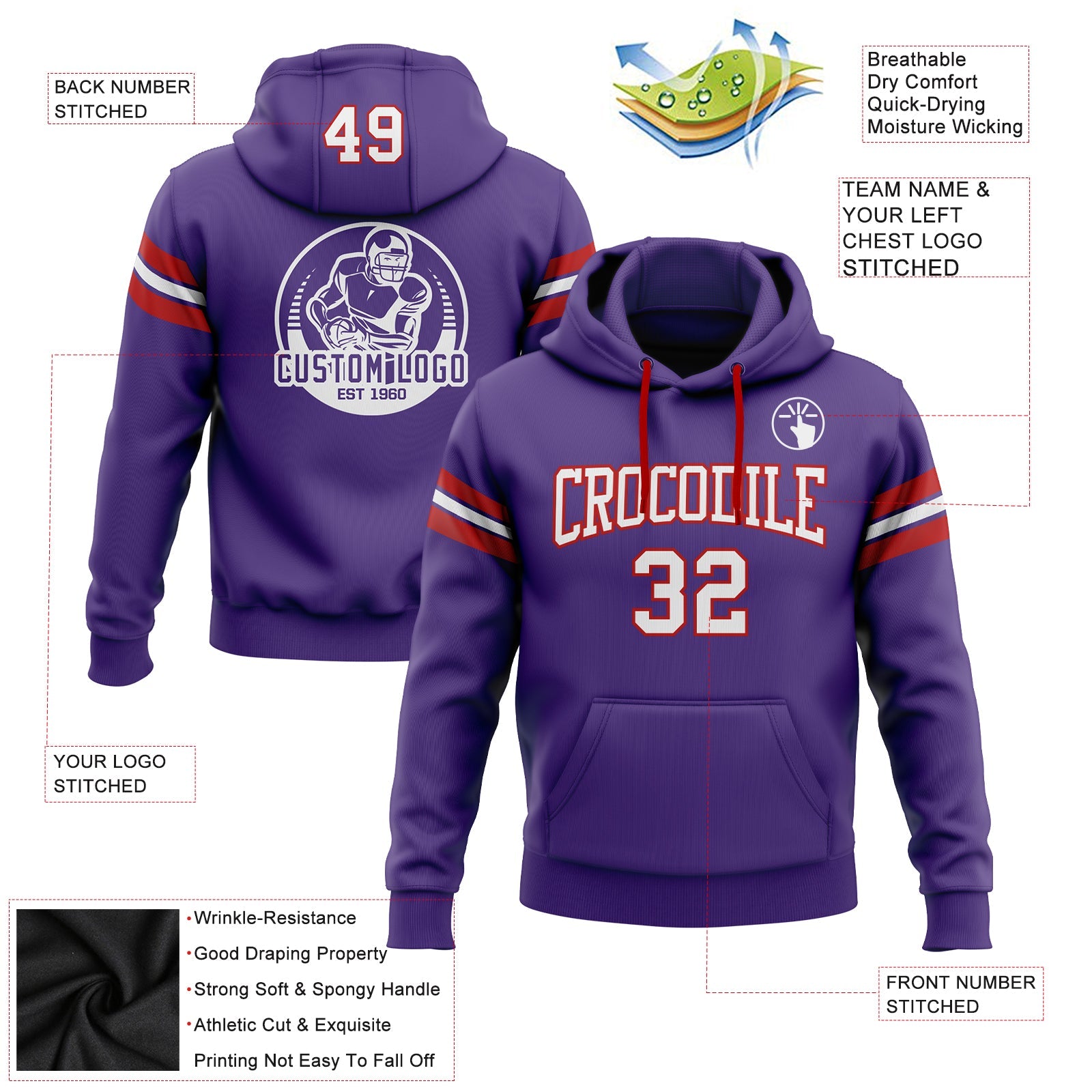 Custom Stitched Purple White-Red Football Pullover Sweatshirt Hoodie view 2