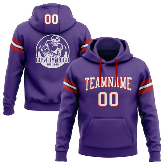 Custom Stitched Purple White-Red Football Pullover Sweatshirt Hoodie - Main View