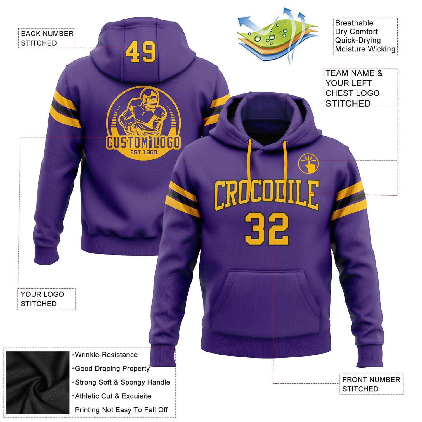 Custom Stitched Purple Gold-Black Football Pullover Sweatshirt Hoodie view 2