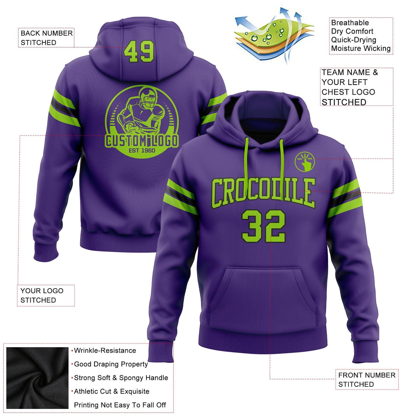 Custom Stitched Purple Neon Green-Black Football Pullover Sweatshirt Hoodie view 2
