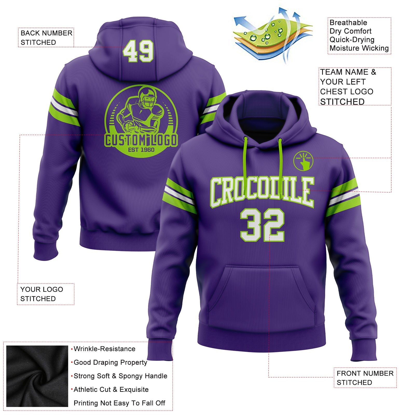 Custom Stitched Purple White-Neon Green Football Pullover Sweatshirt Hoodie view 2