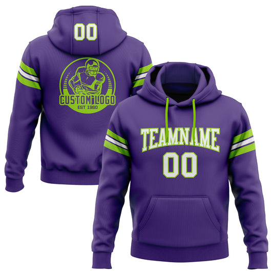 Custom Stitched Purple White-Neon Green Football Pullover Sweatshirt Hoodie - Main View