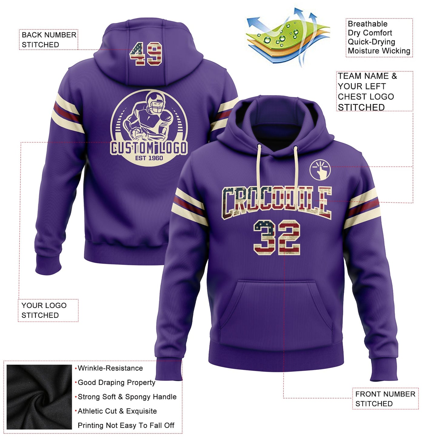 Custom Stitched Purple Vintage USA Flag Cream-Crimson Football Pullover Sweatshirt Hoodie view 2