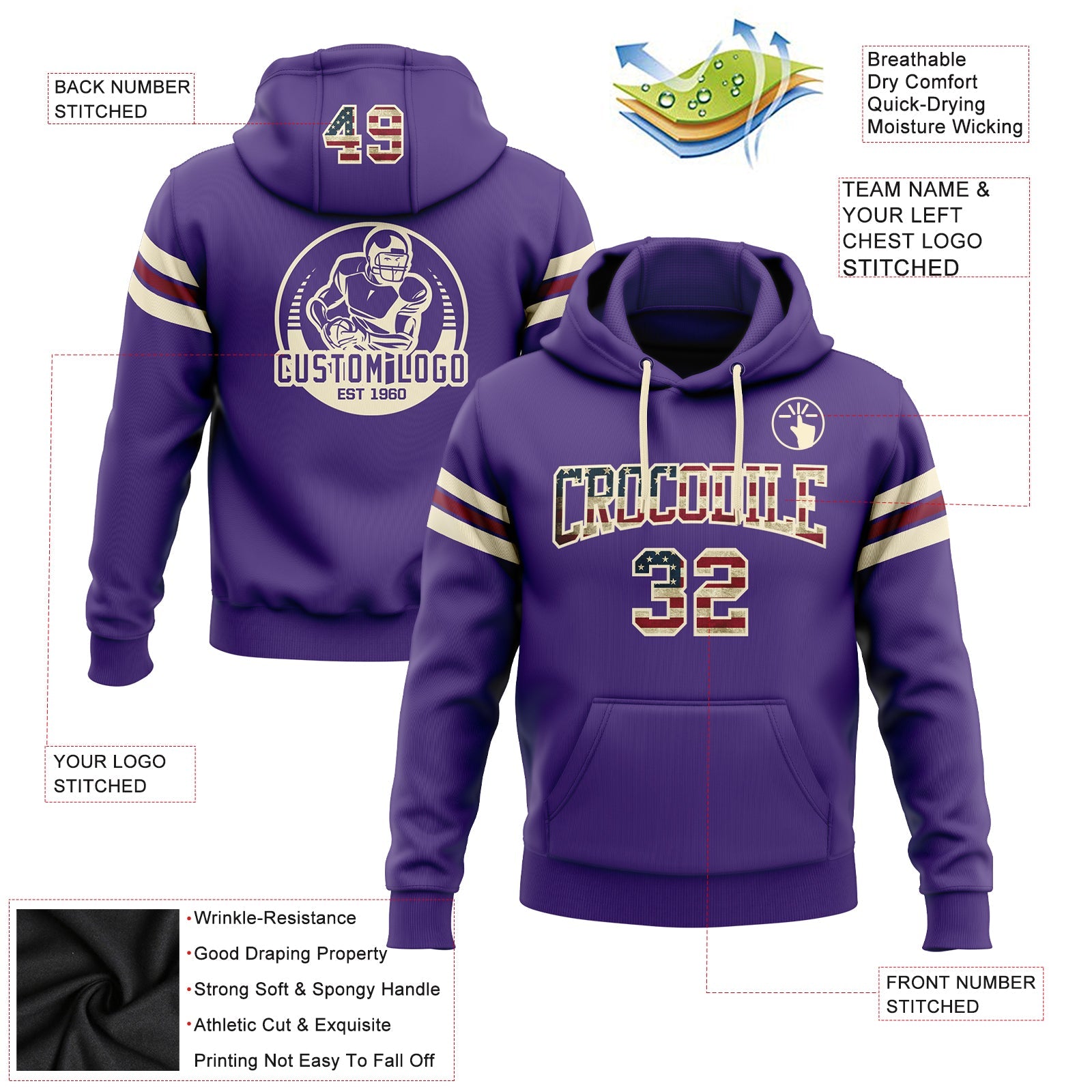 Custom Stitched Purple Vintage USA Flag Cream-Crimson Football Pullover Sweatshirt Hoodie view 2