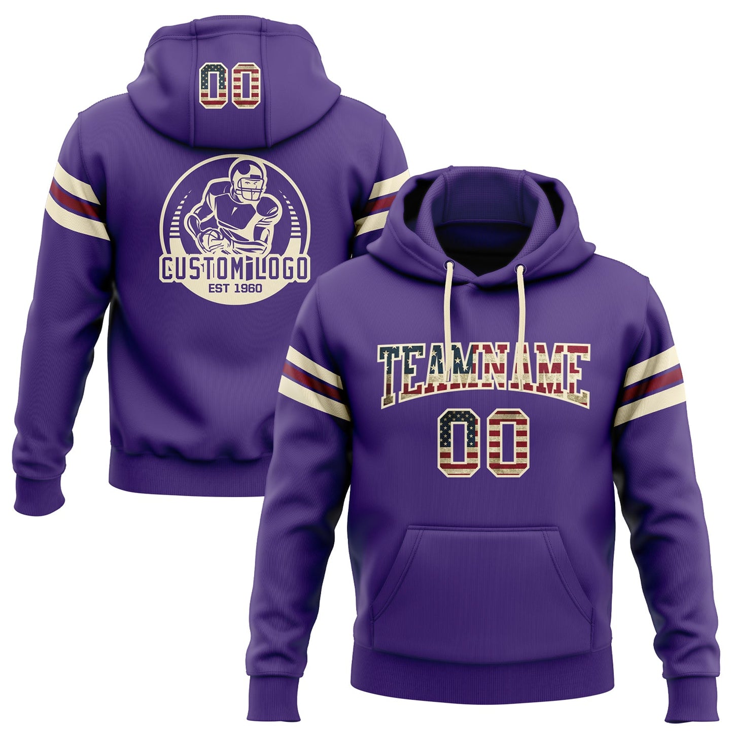 Custom Stitched Purple Vintage USA Flag Cream-Crimson Football Pullover Sweatshirt Hoodie - Main View