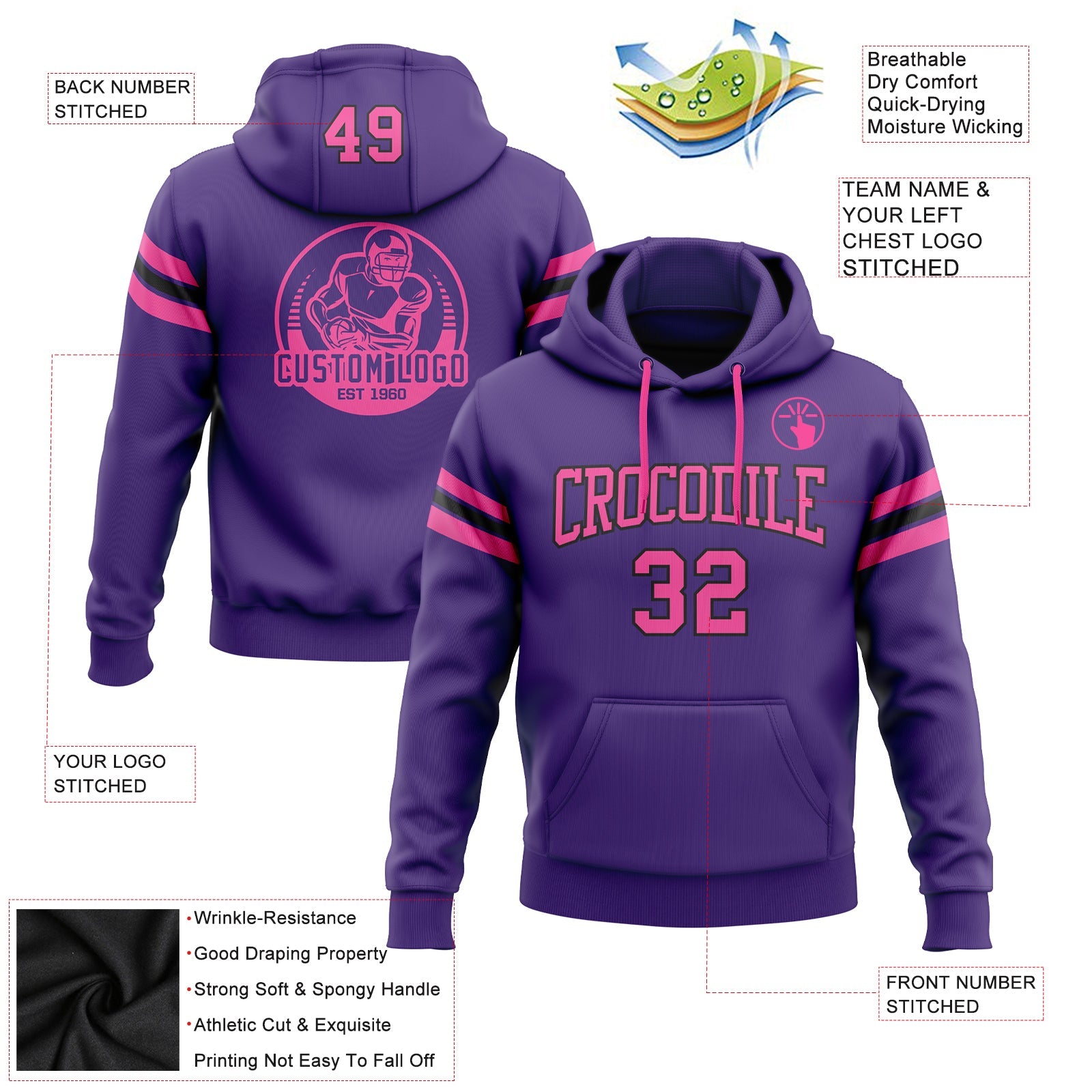 Custom Stitched Purple Pink-Black Football Pullover Sweatshirt Hoodie view 2