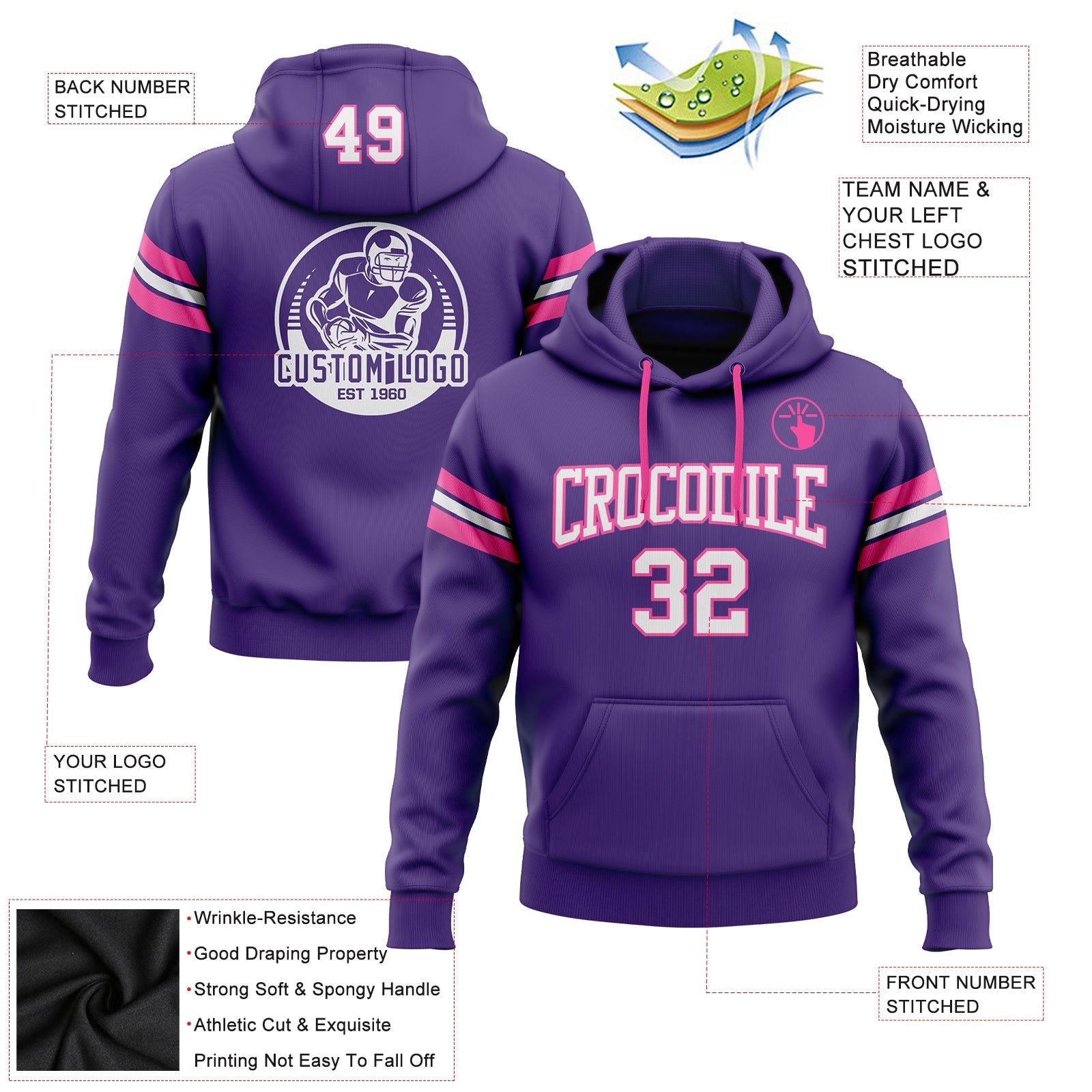 Custom Stitched Purple White-Pink Football Pullover Sweatshirt Hoodie view 2