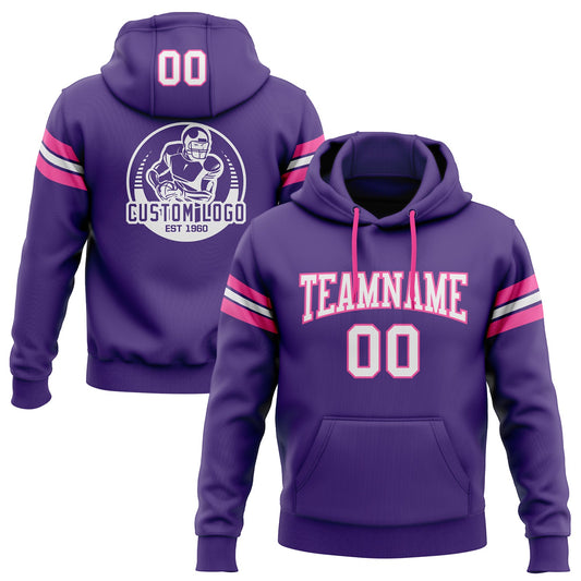 Custom Stitched Purple White-Pink Football Pullover Sweatshirt Hoodie - Main View