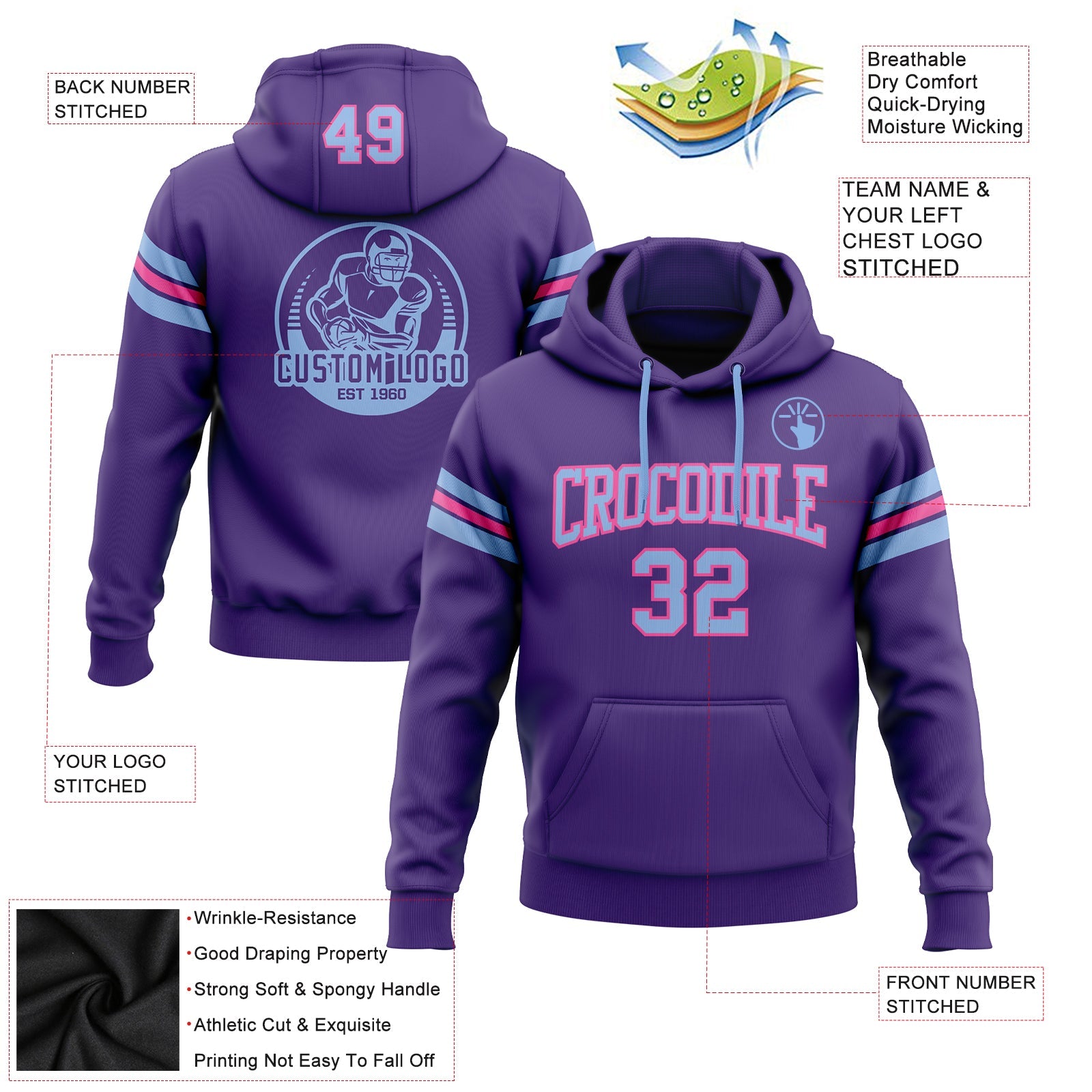 Custom Stitched Purple Light Blue-Pink Football Pullover Sweatshirt Hoodie view 2