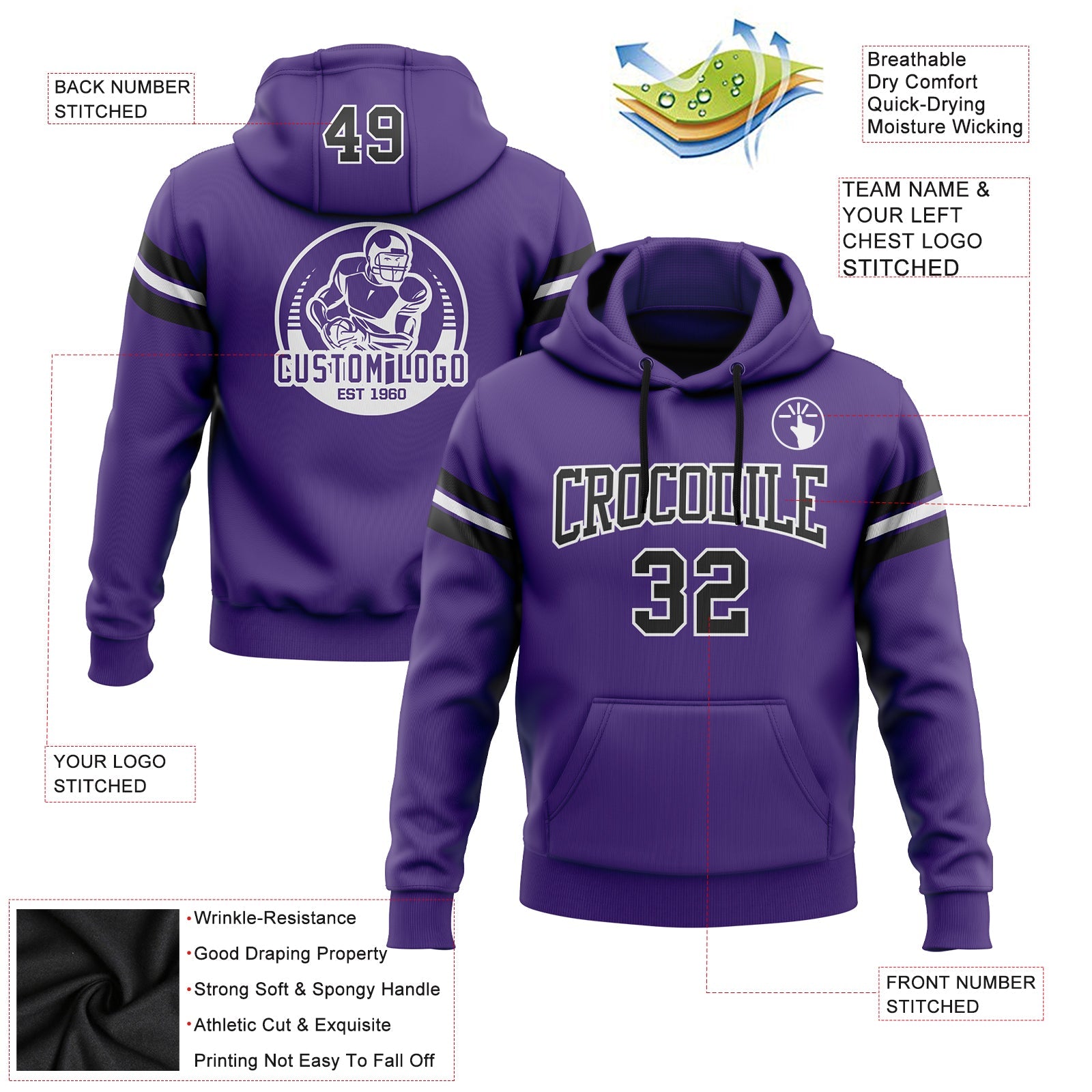 Custom Stitched Purple Black-White Football Pullover Sweatshirt Hoodie view 2