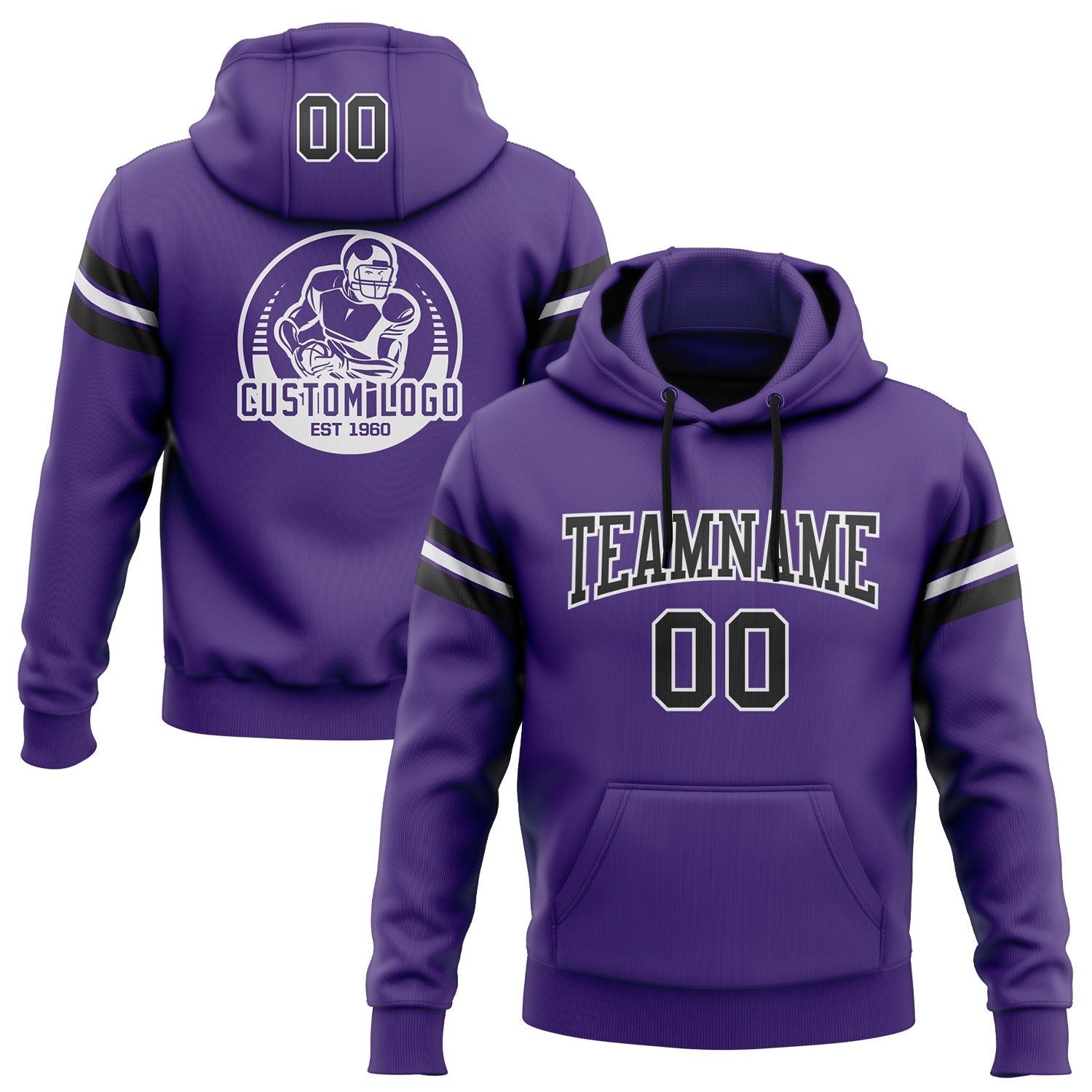 Custom Stitched Purple Black-White Football Pullover Sweatshirt Hoodie - Main View
