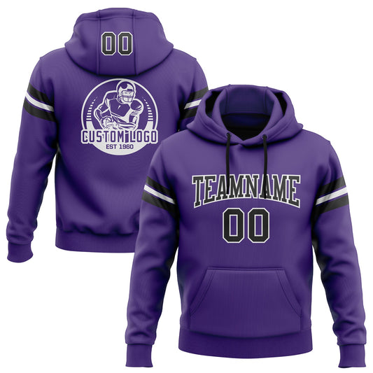 Custom Stitched Purple Black-White Football Pullover Sweatshirt Hoodie - Main View