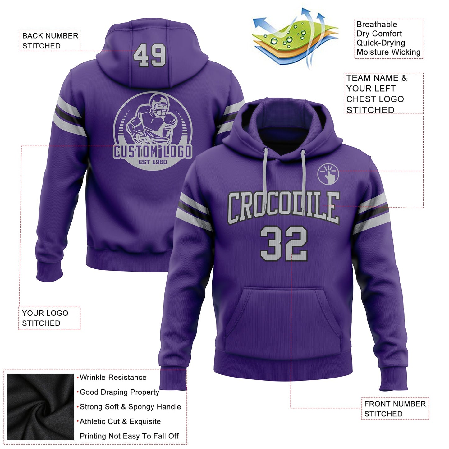 Custom Stitched Purple Gray-Black Football Pullover Sweatshirt Hoodie view 2