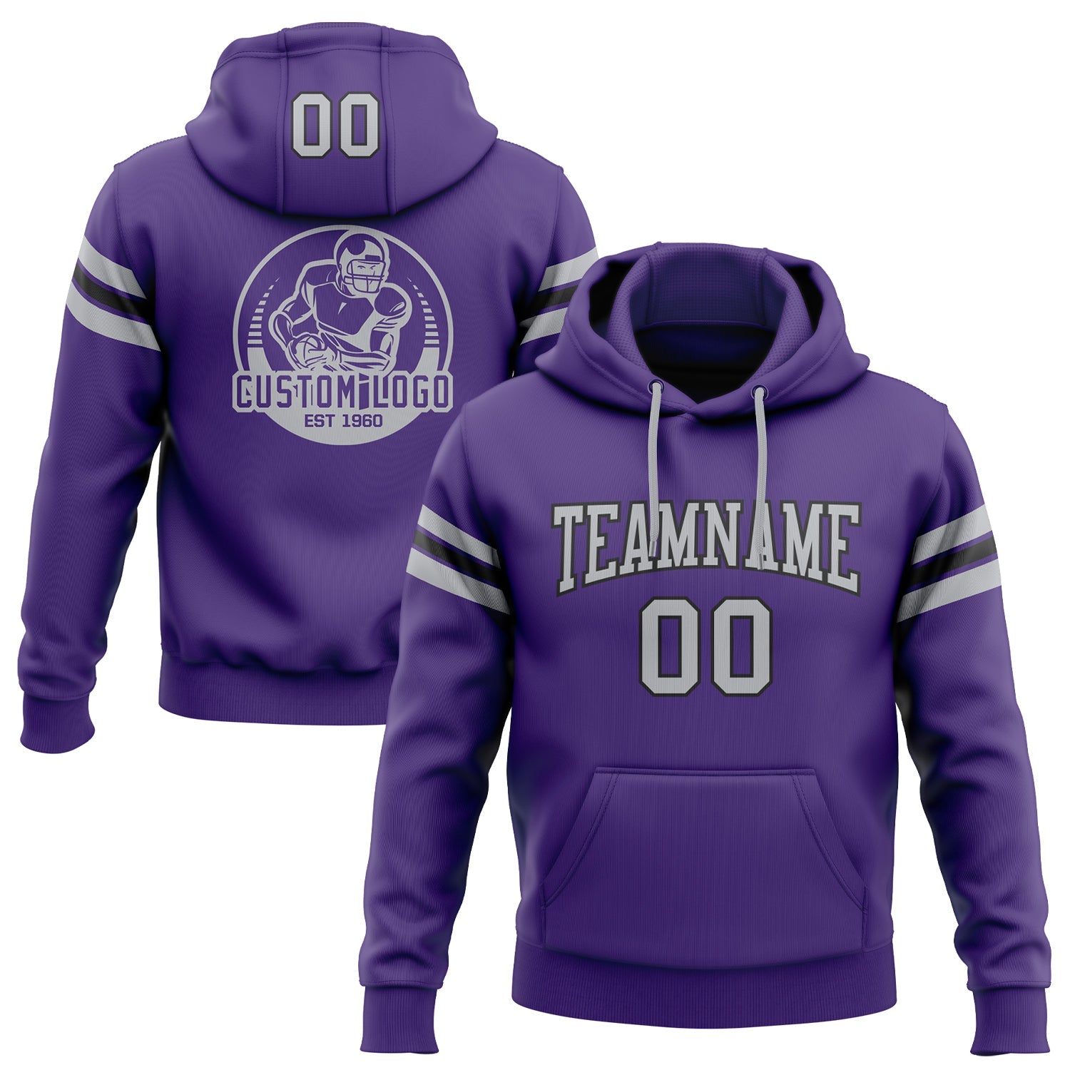 Custom Stitched Purple Gray-Black Football Pullover Sweatshirt Hoodie - Main View