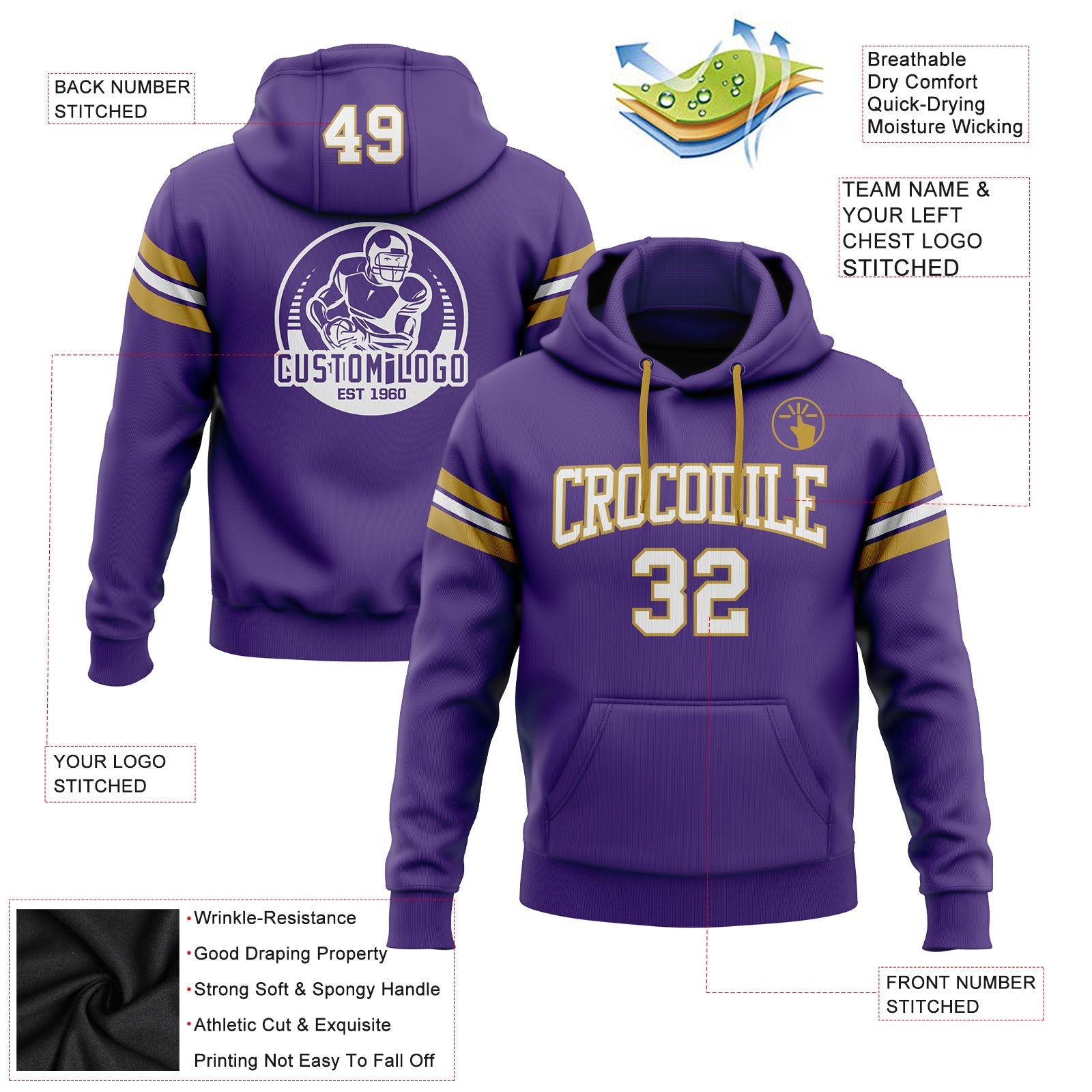 Custom Stitched Purple White-Old Gold Football Pullover Sweatshirt Hoodie view 2