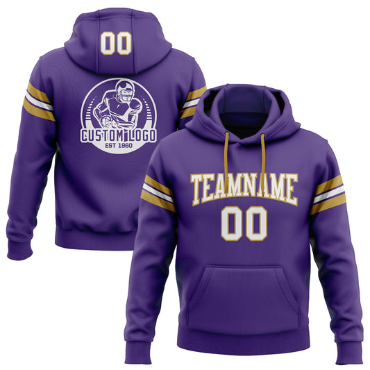 Custom Stitched Purple White-Old Gold Football Pullover Sweatshirt Hoodie - Main View