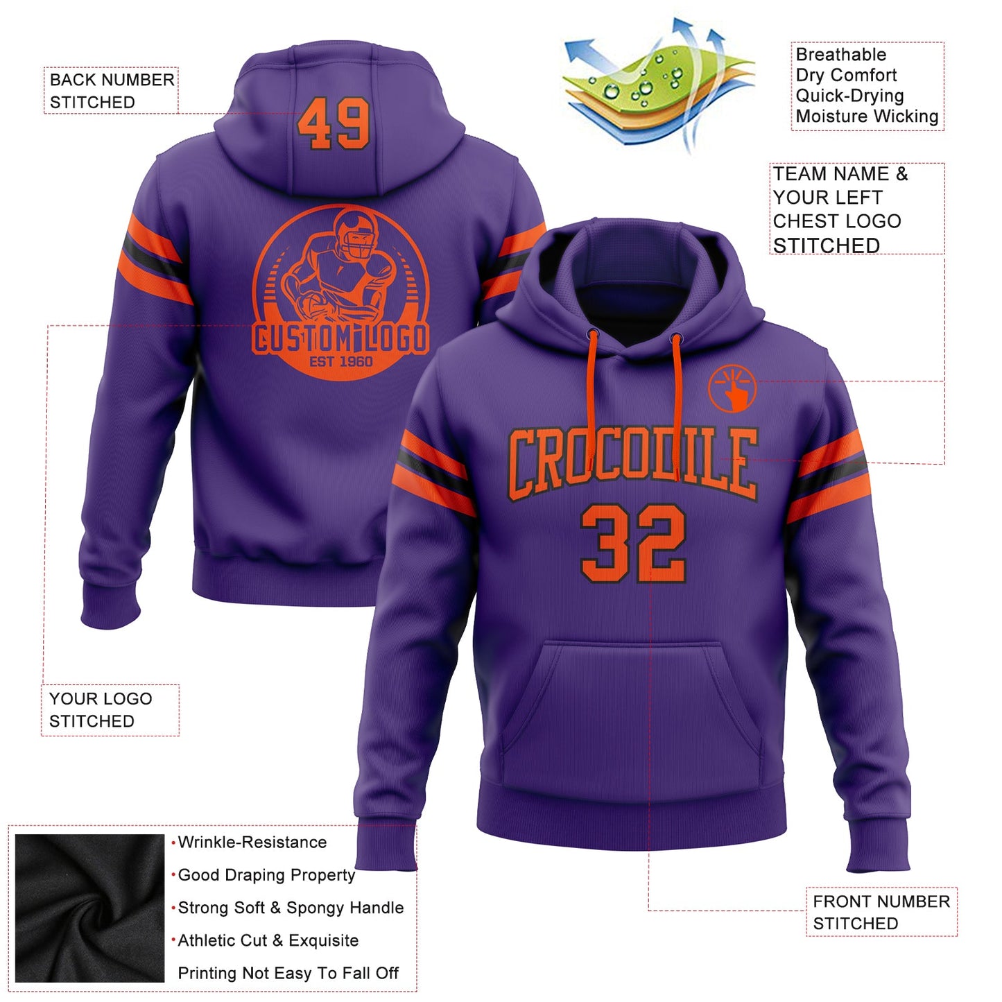 Custom Stitched Purple Orange-Black Football Pullover Sweatshirt Hoodie view 2
