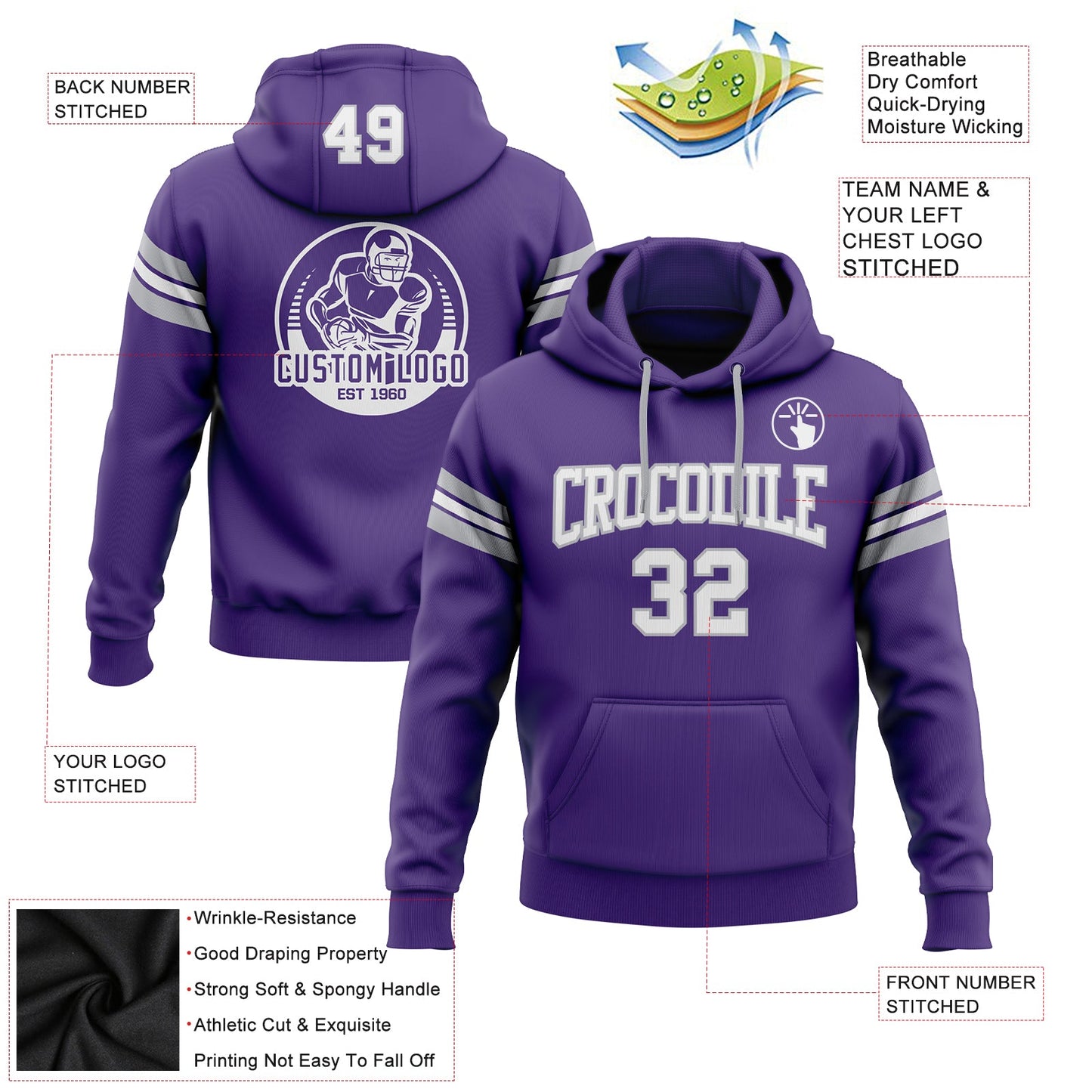 Custom Stitched Purple White-Gray Football Pullover Sweatshirt Hoodie view 2