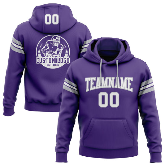 Custom Stitched Purple White-Gray Football Pullover Sweatshirt Hoodie - Main View
