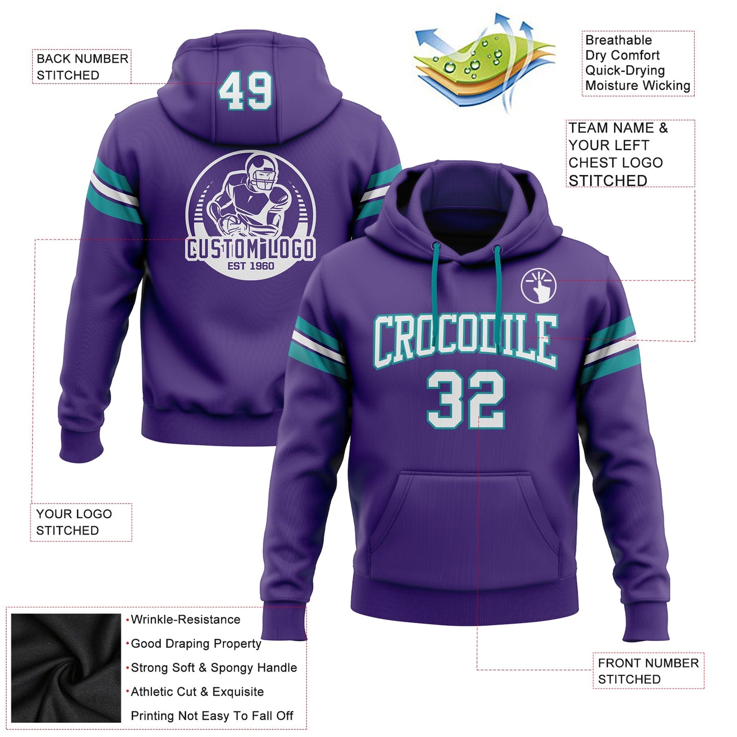 Custom Stitched Purple White-Teal Football Pullover Sweatshirt Hoodie view 2