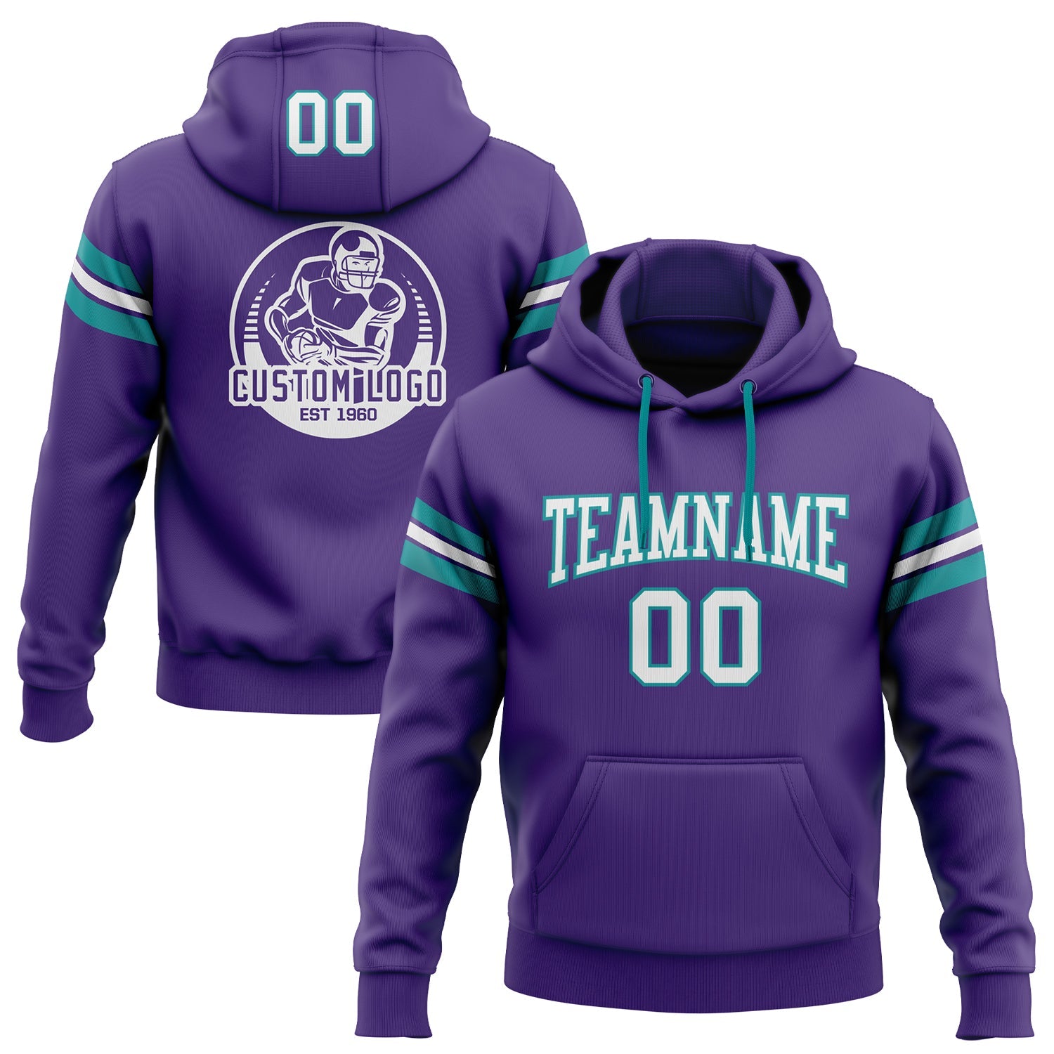 Custom Stitched Purple White-Teal Football Pullover Sweatshirt Hoodie - Main View