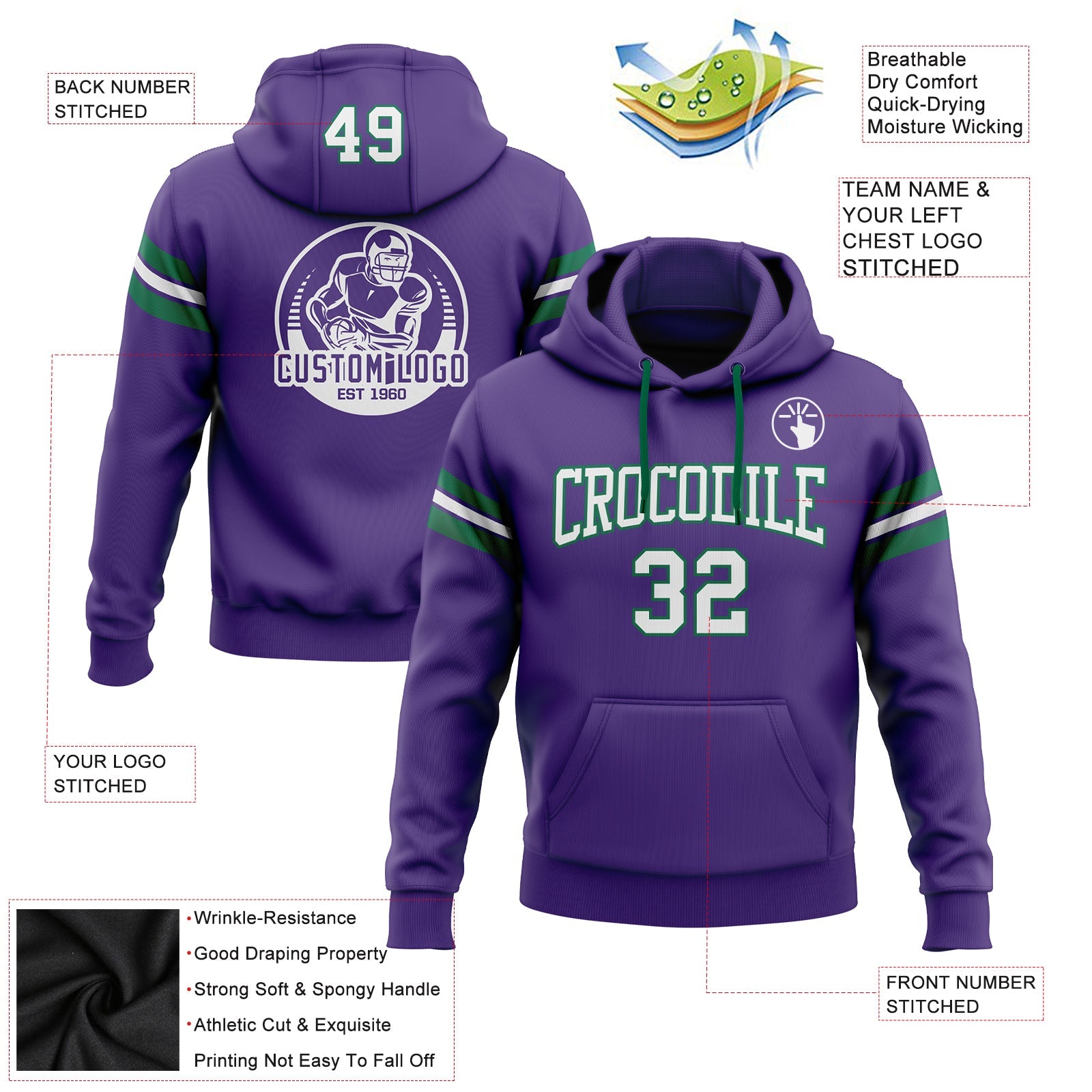 Custom Stitched Purple White-Kelly Green Football Pullover Sweatshirt Hoodie view 2