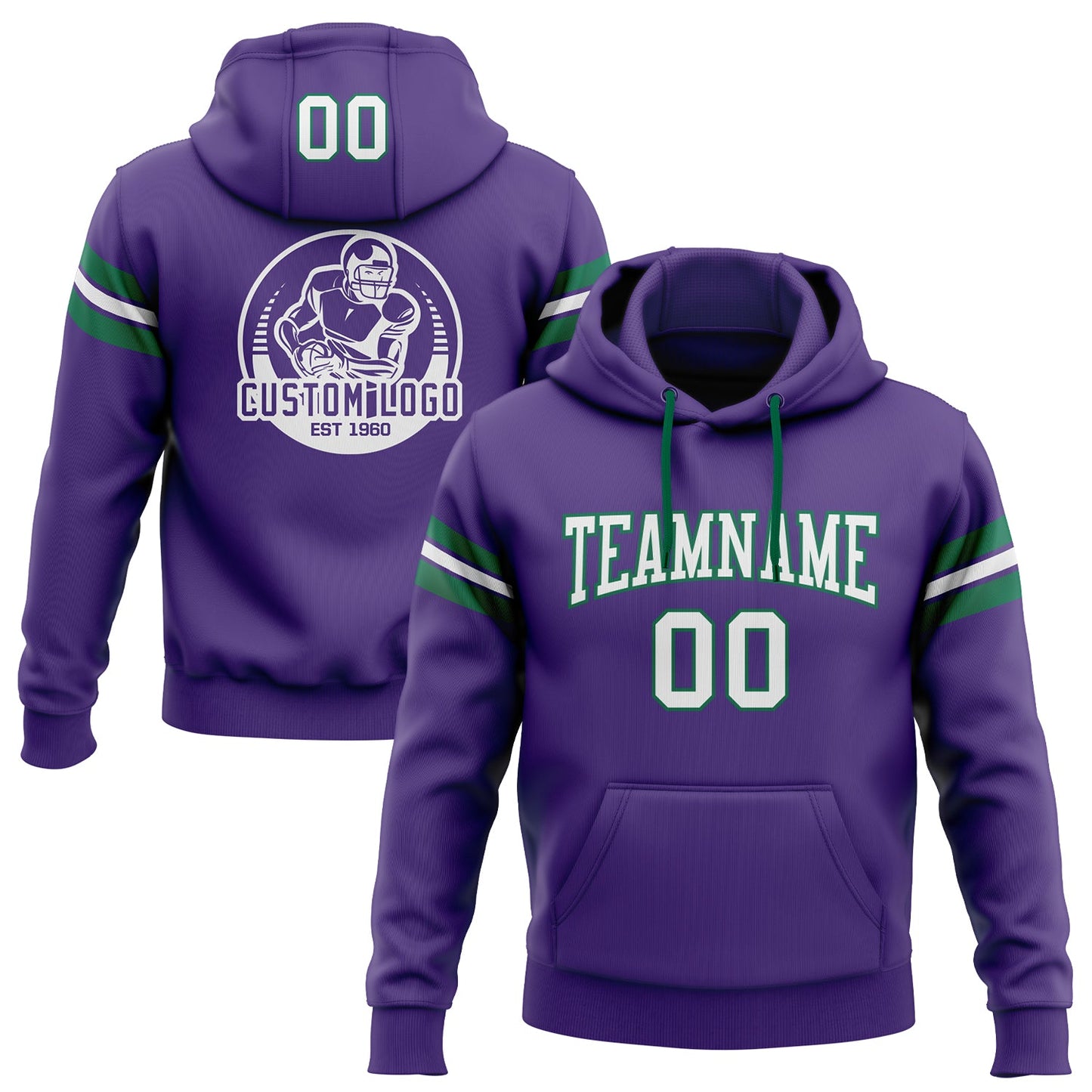 Custom Stitched Purple White-Kelly Green Football Pullover Sweatshirt Hoodie - Main View