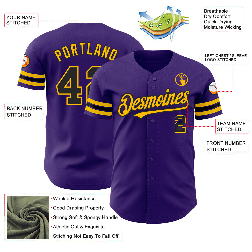 Custom Purple Black-Gold Authentic Baseball Jersey view 3