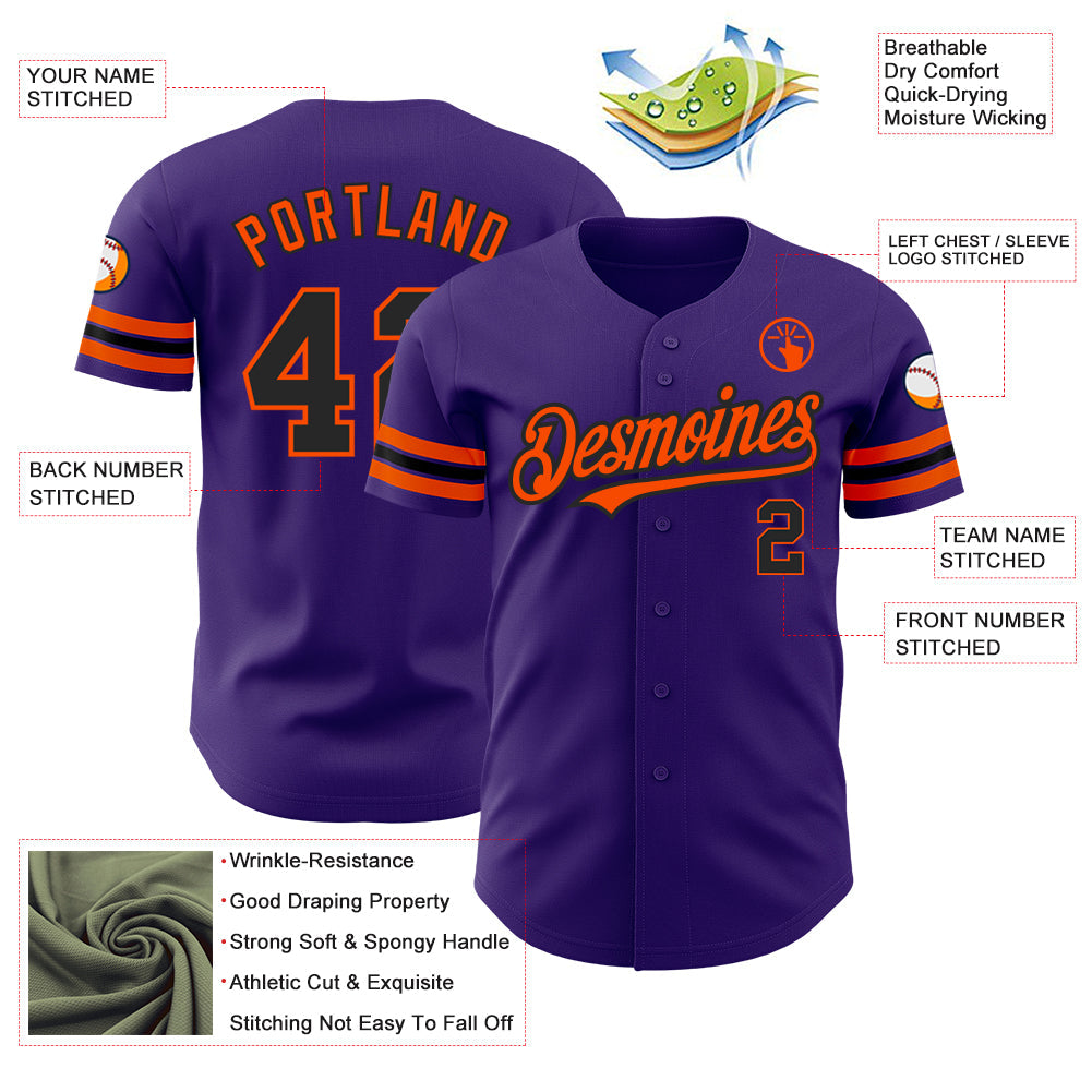 Custom Purple Black-Orange Authentic Baseball Jersey view 3