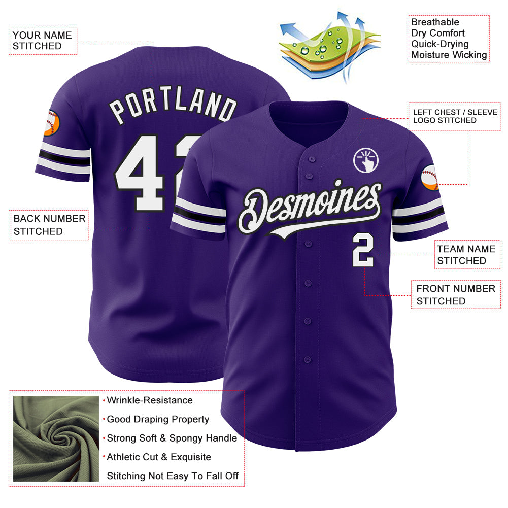 Custom Purple White-Black Authentic Baseball Jersey view 3