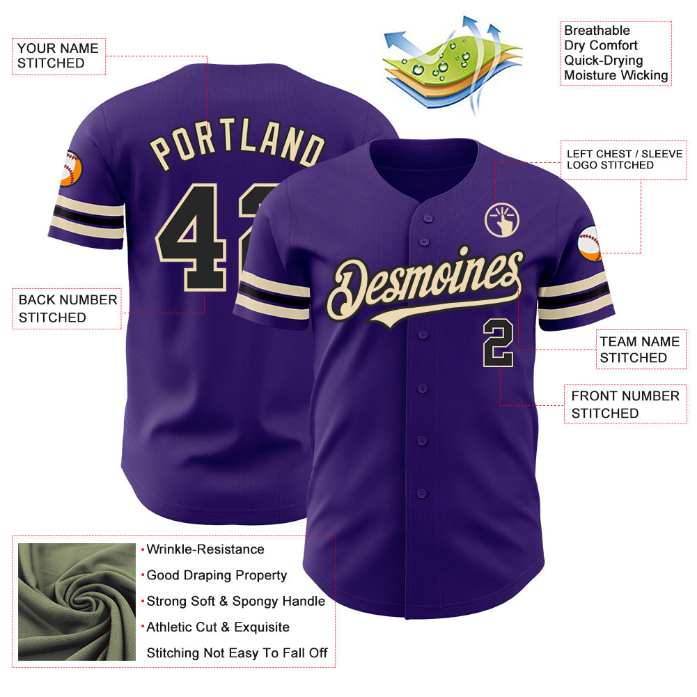 Custom Purple Black-City Cream Authentic Baseball Jersey view 3
