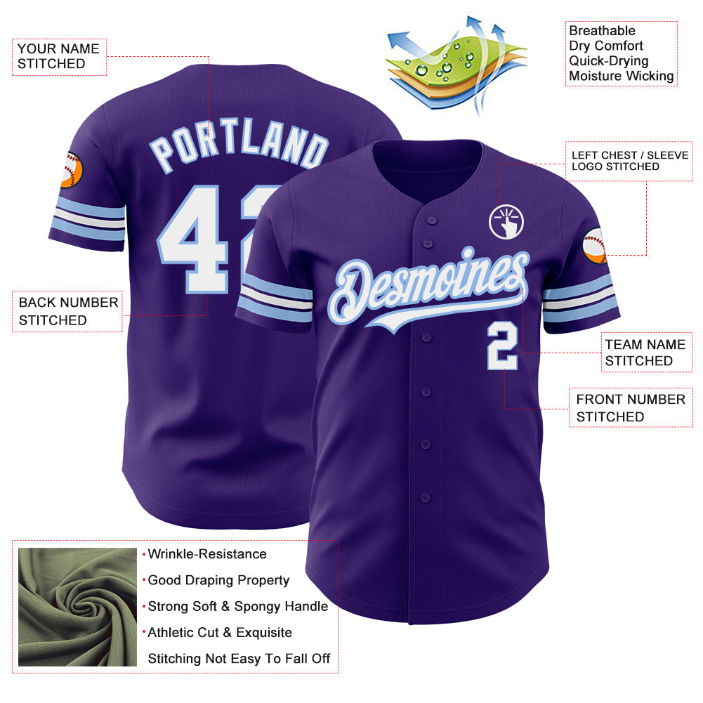 Custom Purple White-Light Blue Authentic Baseball Jersey view 3