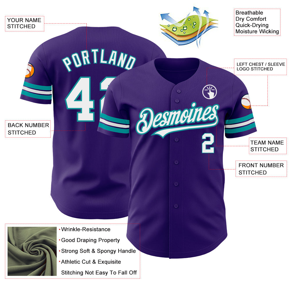 Custom Purple White-Teal Authentic Baseball Jersey view 3