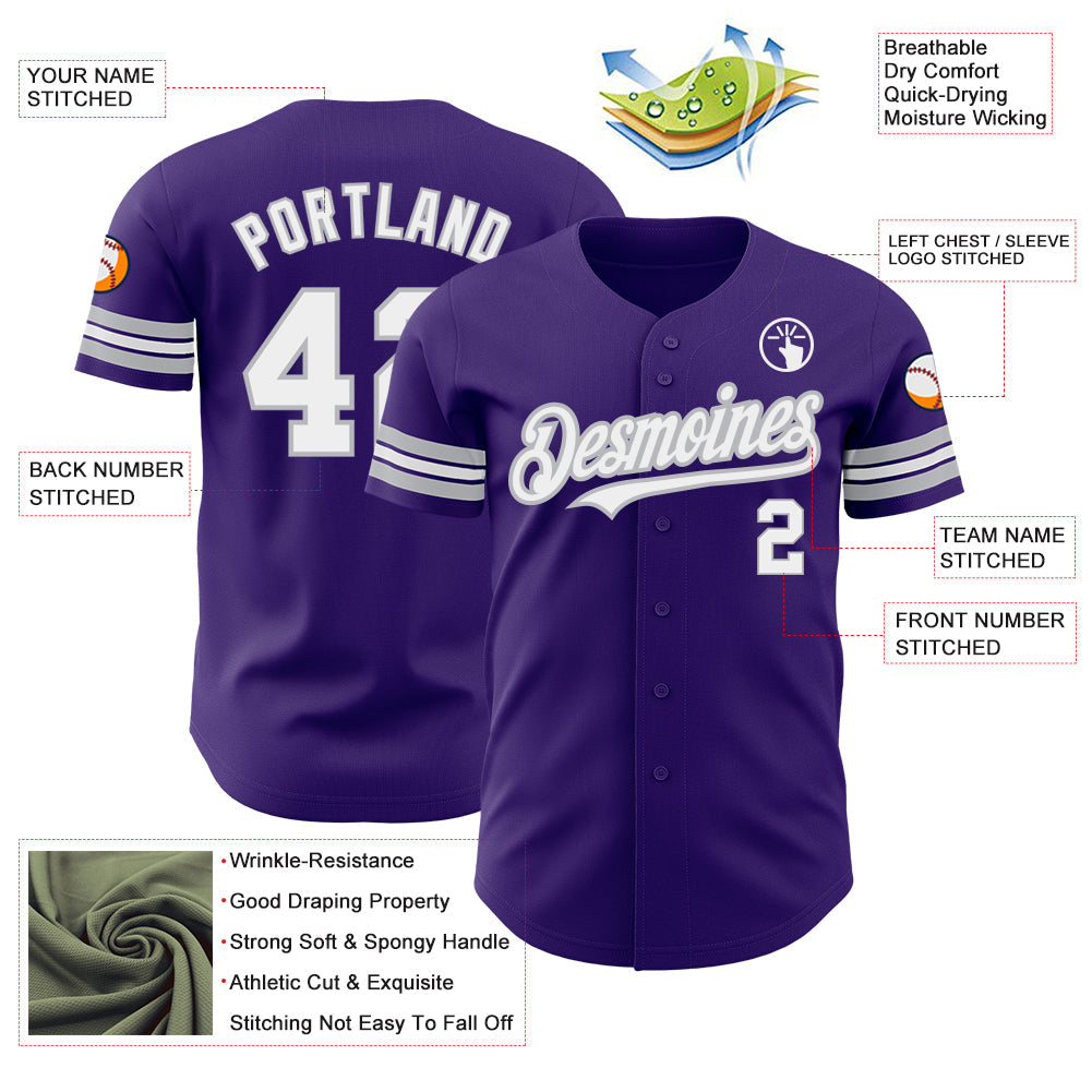 Custom Purple White-Gray Authentic Baseball Jersey view 3