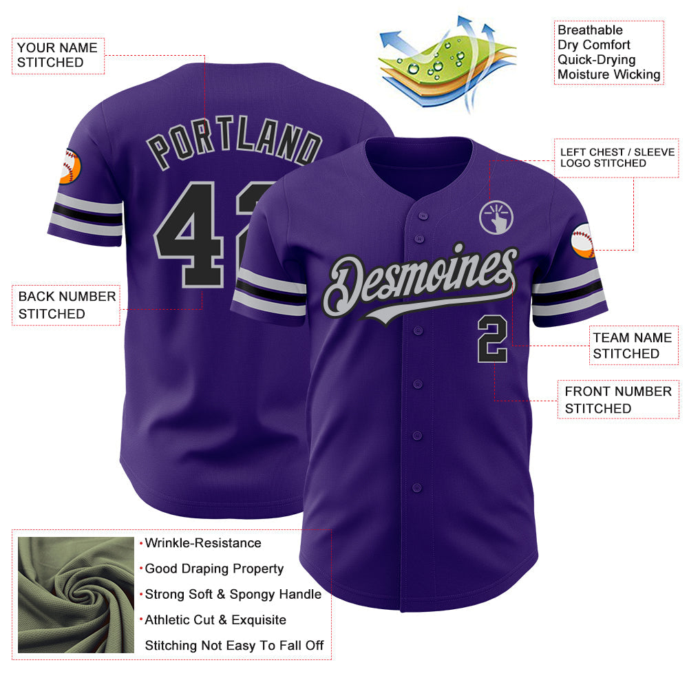 Custom Purple Black-Gray Authentic Baseball Jersey view 3