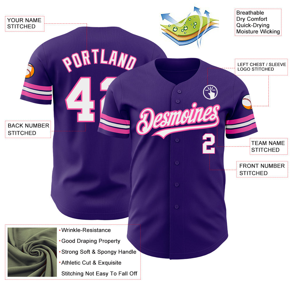 Custom Purple White-Pink Authentic Baseball Jersey view 3