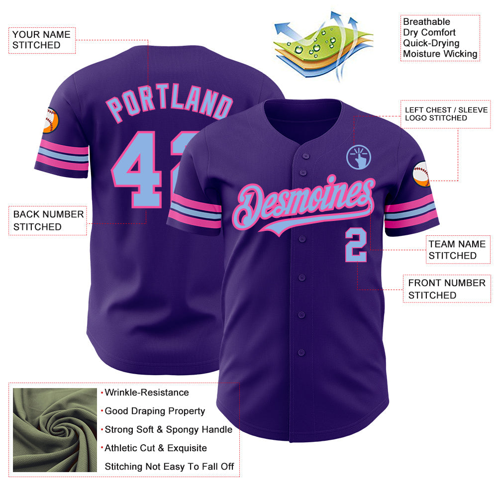 Custom Purple Light Blue-Pink Authentic Baseball Jersey view 3