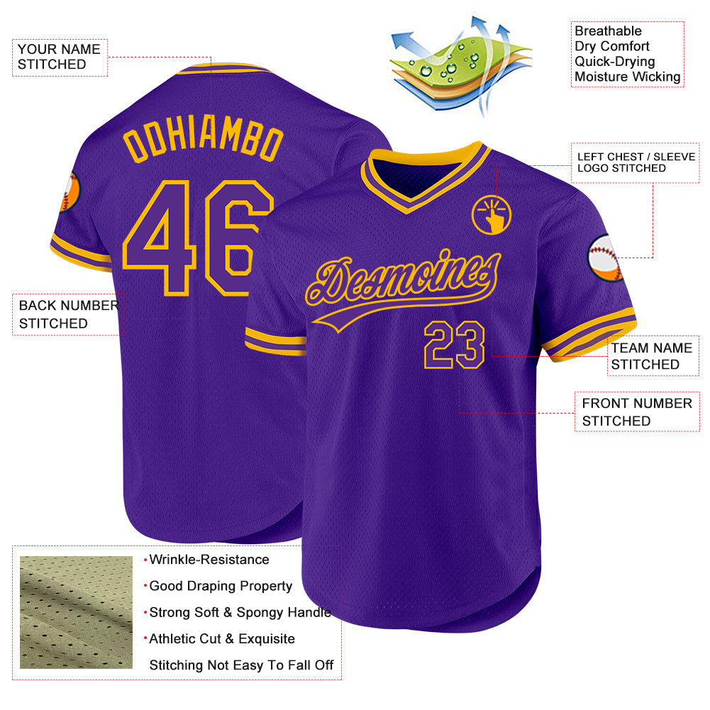 Custom Purple Gold Authentic Throwback Baseball Jersey view 3