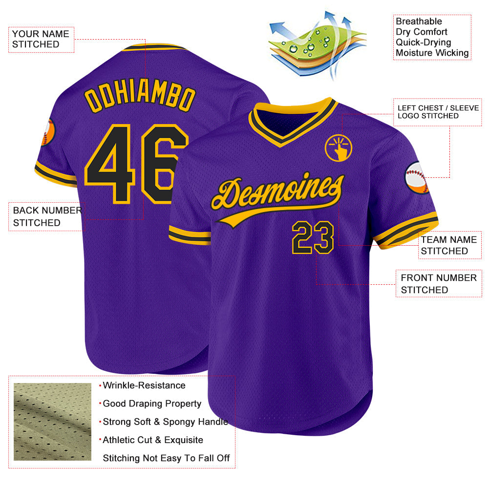 Custom Purple Black-Gold Authentic Throwback Baseball Jersey view 3
