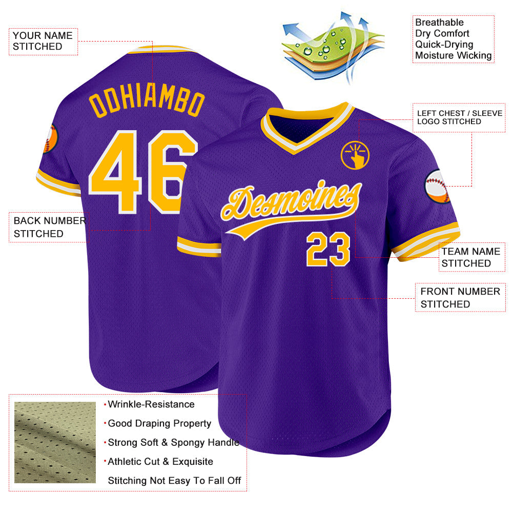 Custom Purple Gold-White Authentic Throwback Baseball Jersey view 3