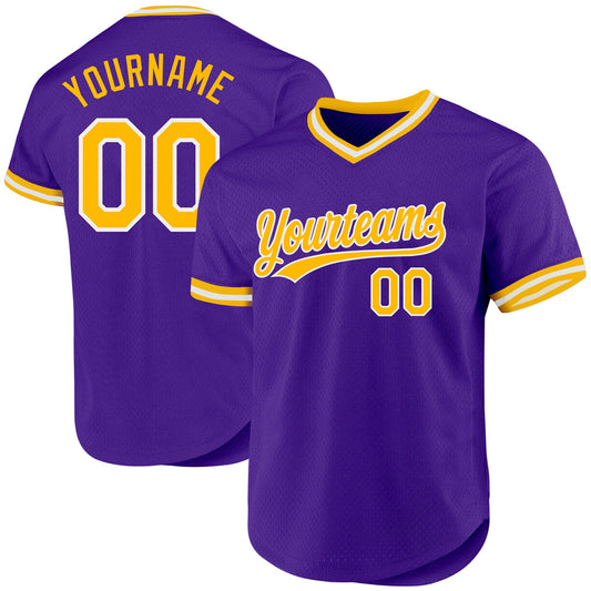 Custom Purple Gold-White Authentic Throwback Baseball Jersey - Main View