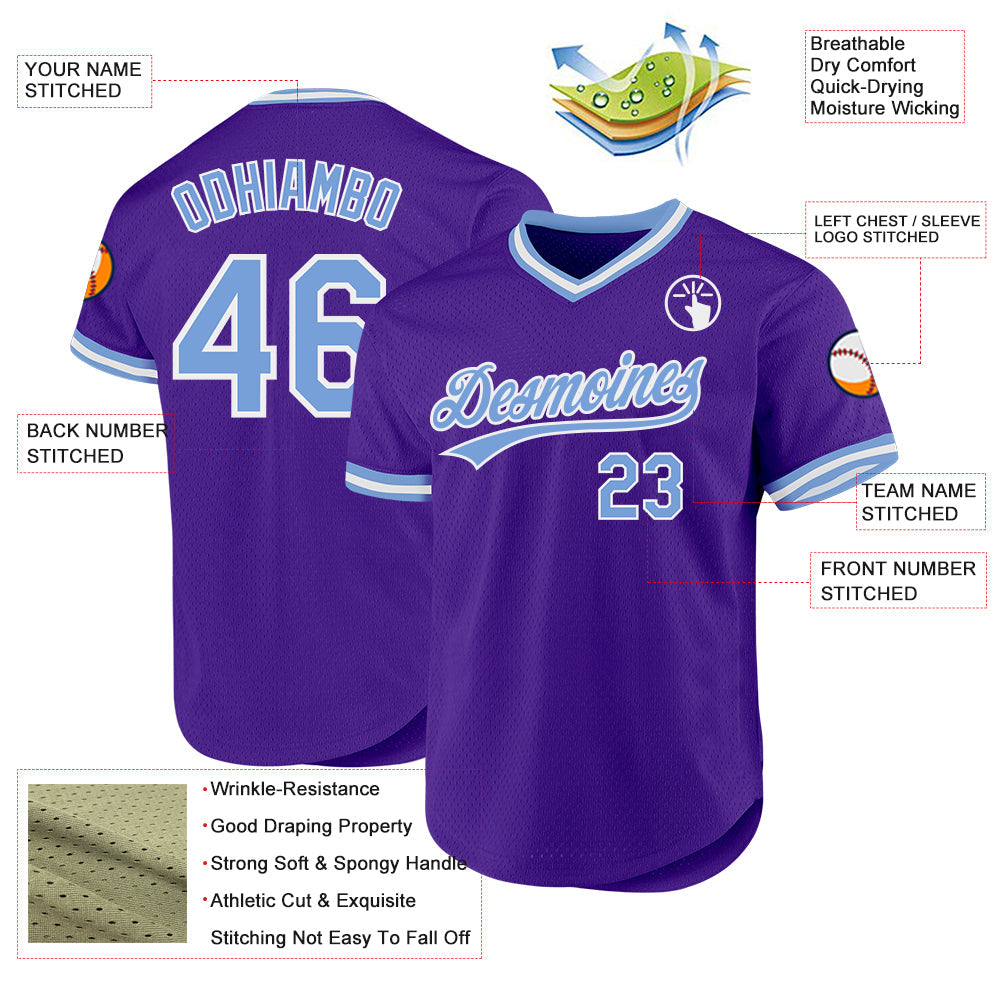 Custom Purple Light Blue-White Authentic Throwback Baseball Jersey view 3