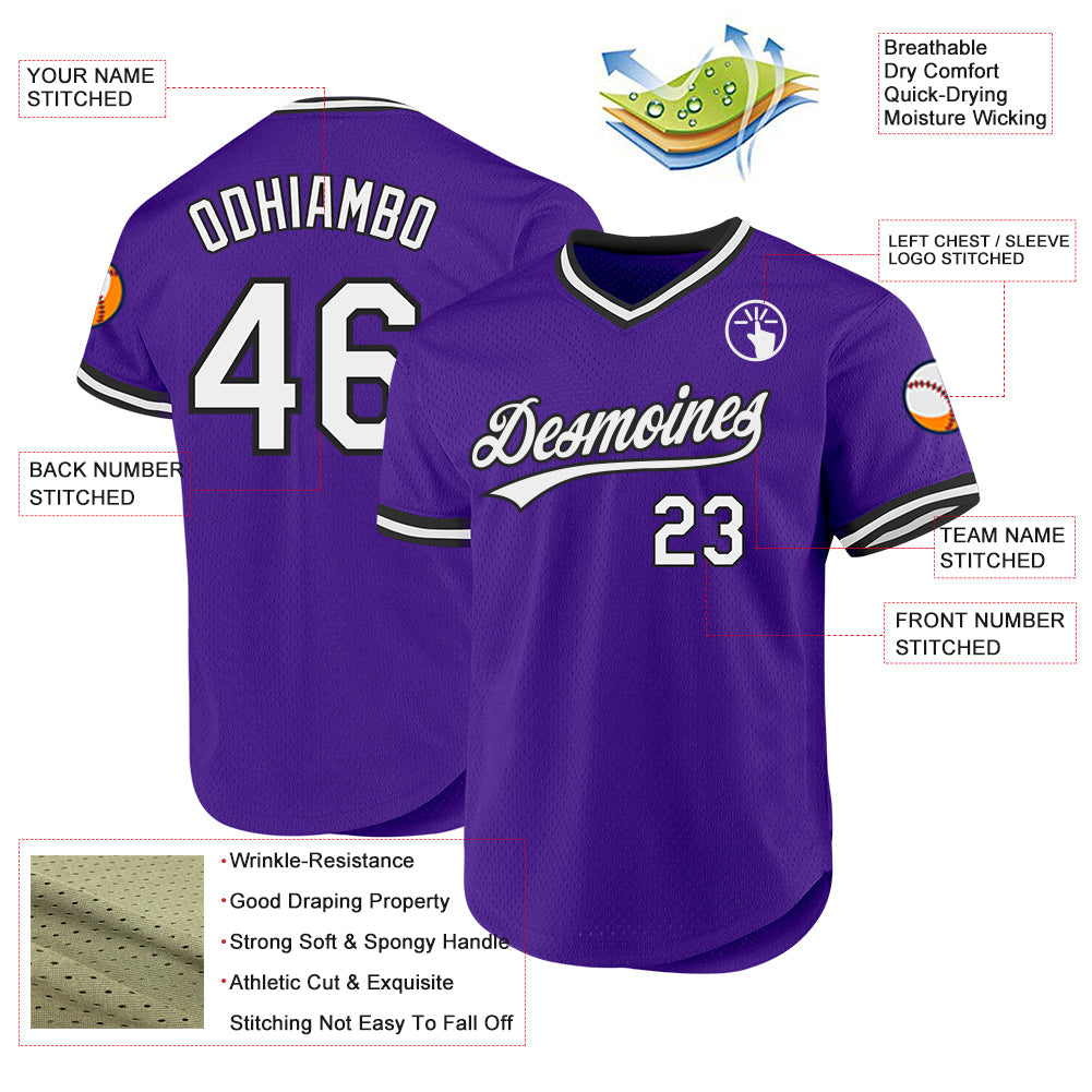 Custom Purple White-Black Authentic Throwback Baseball Jersey view 3