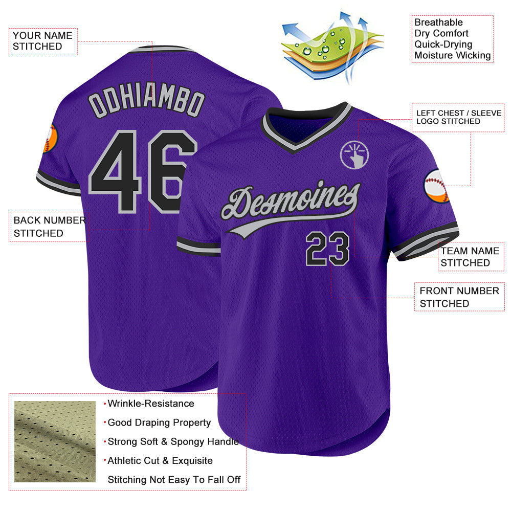 Custom Purple Black-Gray Authentic Throwback Baseball Jersey view 3